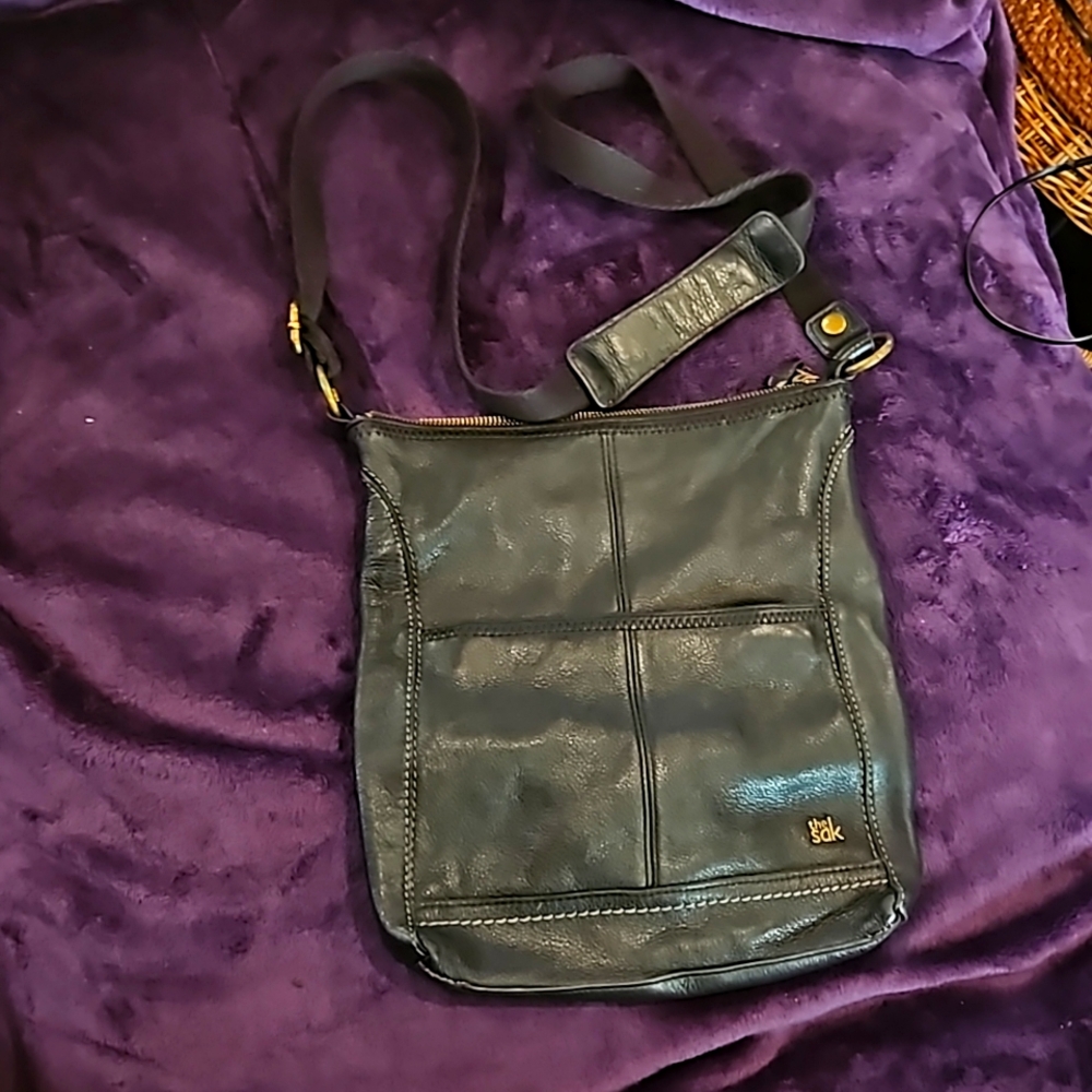 The Sak Black Leather Crossbody with Gold-Tone Logo